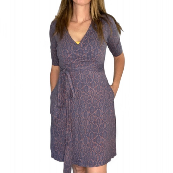 Toad & Co Medium Long Sleeved Faux Wrap Cafe Dress Blue Orange Organic - Picture 1 of 9